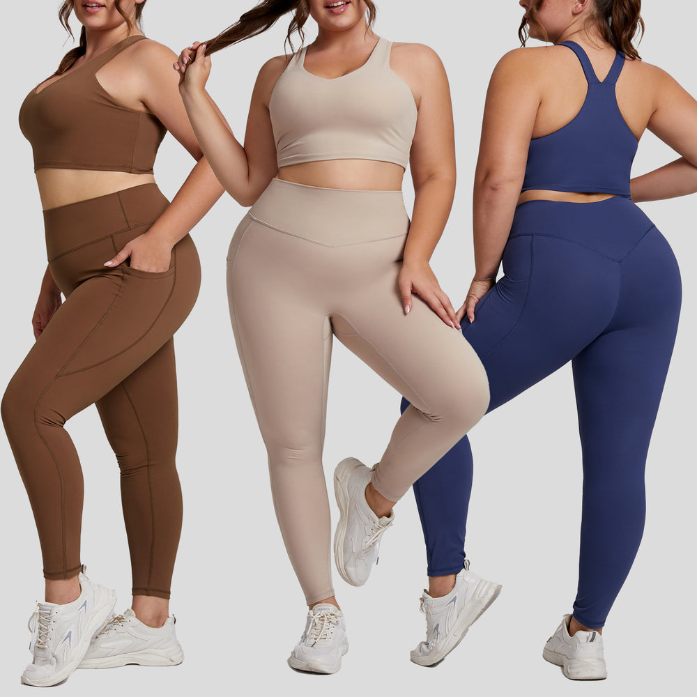 European and american nude feel plus size yoga outfit set - women's premium tight-fitting activewear two-piece set with pockets for fitness