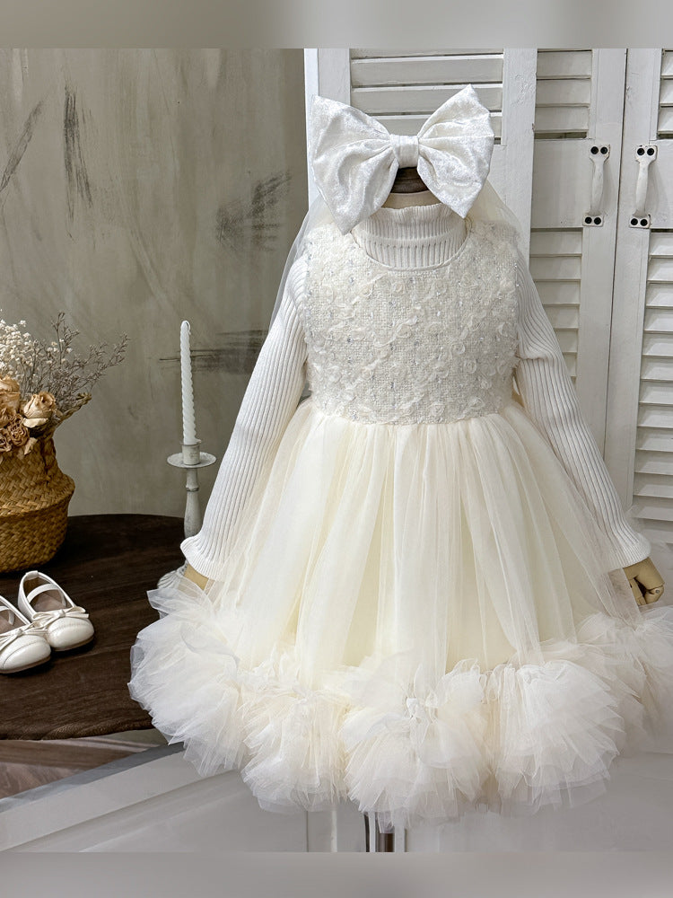Girls' fleece-lined vest dress, chanel-inspired feather dress, birthday cake dress with veil