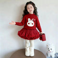 Girlsweater bunny thickened all-in-one velvet with tutu skirt two-piece set baby girl round neck knitting bottom shirtsuit