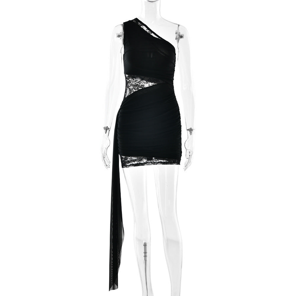 Amazon summer new arrival: elegant lace patchwork asymmetrical neck off-shoulder ruched cutout ribbon bodycon dress