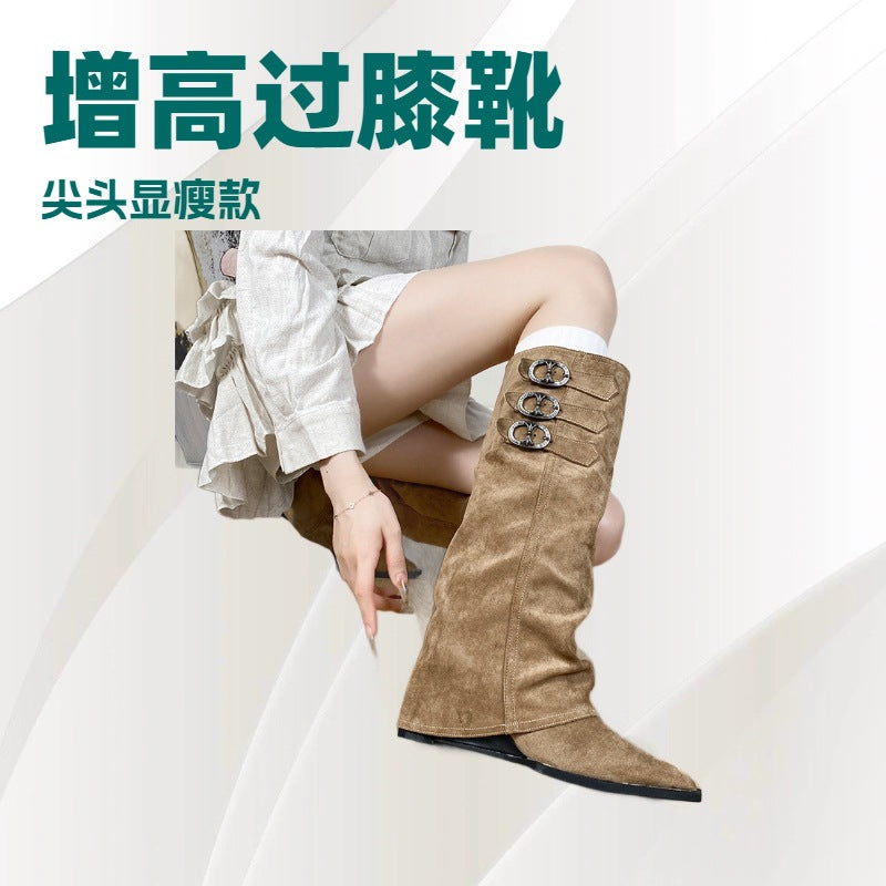 2025new arrival pointed toe pile boots women's belt buckle hidden heel over the knee knight boots fall and winterfrenchslimming look boots