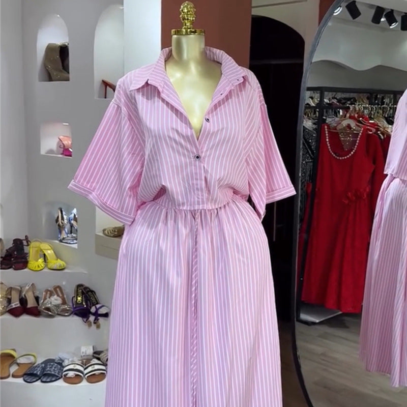 European and american cross-border women's fashion:  autumn new collection - stylish striped short-sleeve shirt with tie-front skirt set