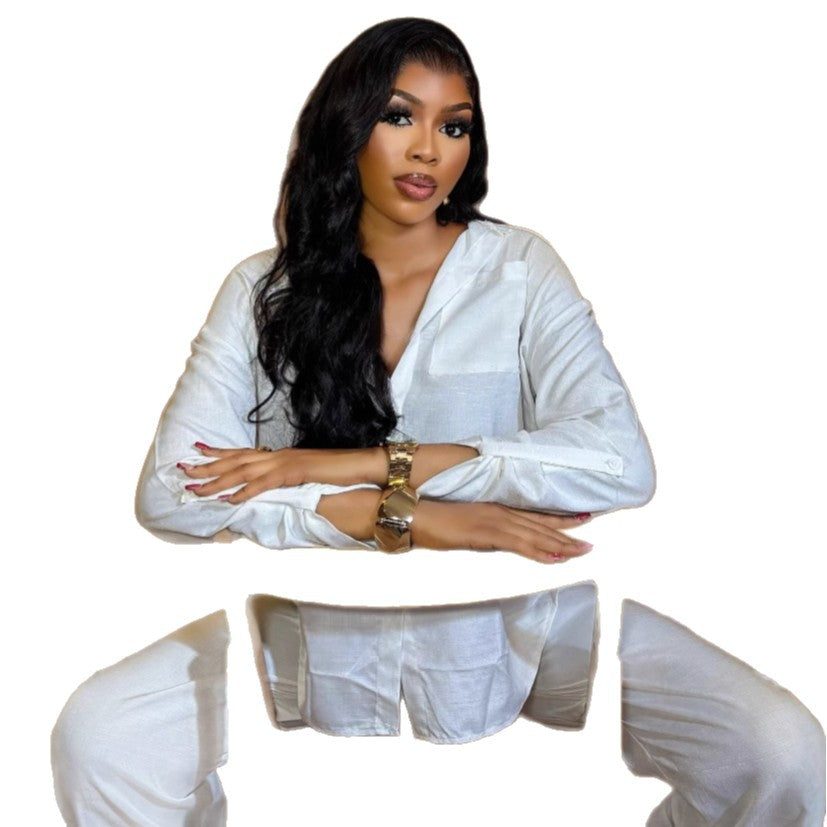 European and American large-size women's clothing simple and high-end long-sleeved cardigan shirt casual trousers African fashion foreign style two-piece set