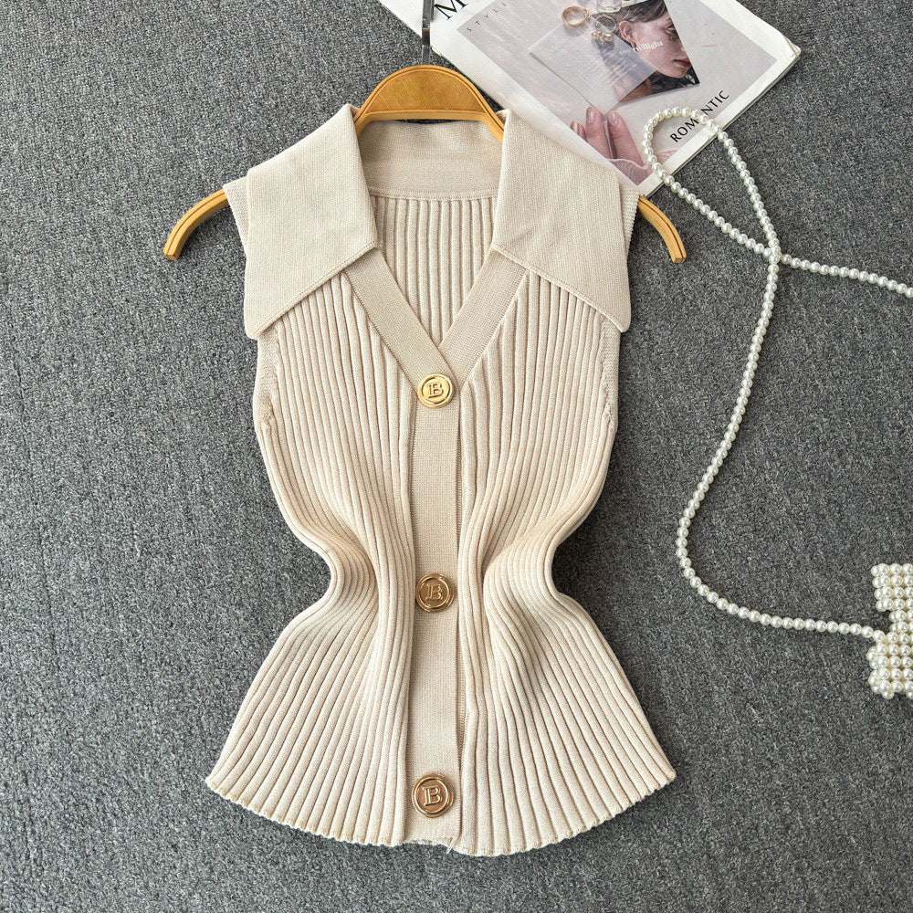 Xiaoxiangfeng knitting vest for women summer thin stylesenseniche stylepolo collar slimming lookshort chichaltertops