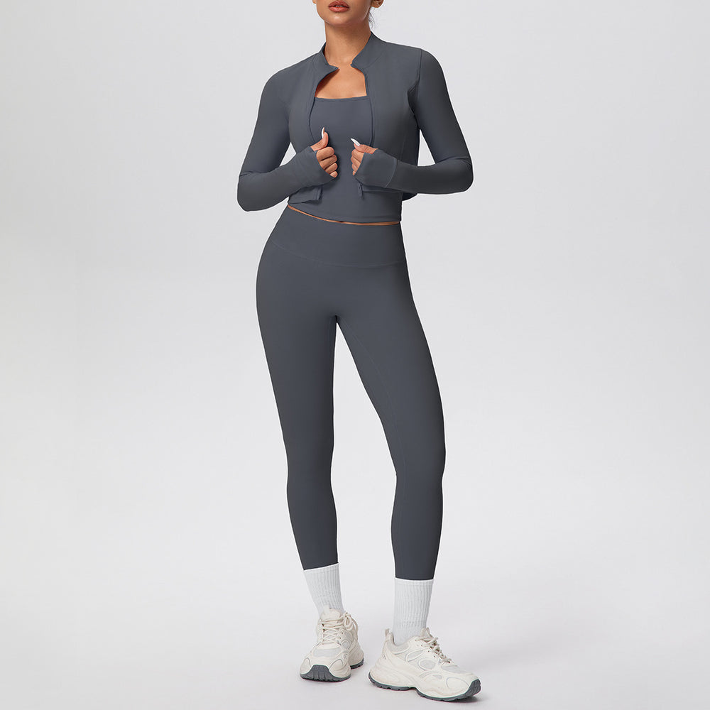 pure color brushed tight tank top nine-point long three-piece sports running fitness yoga suit
