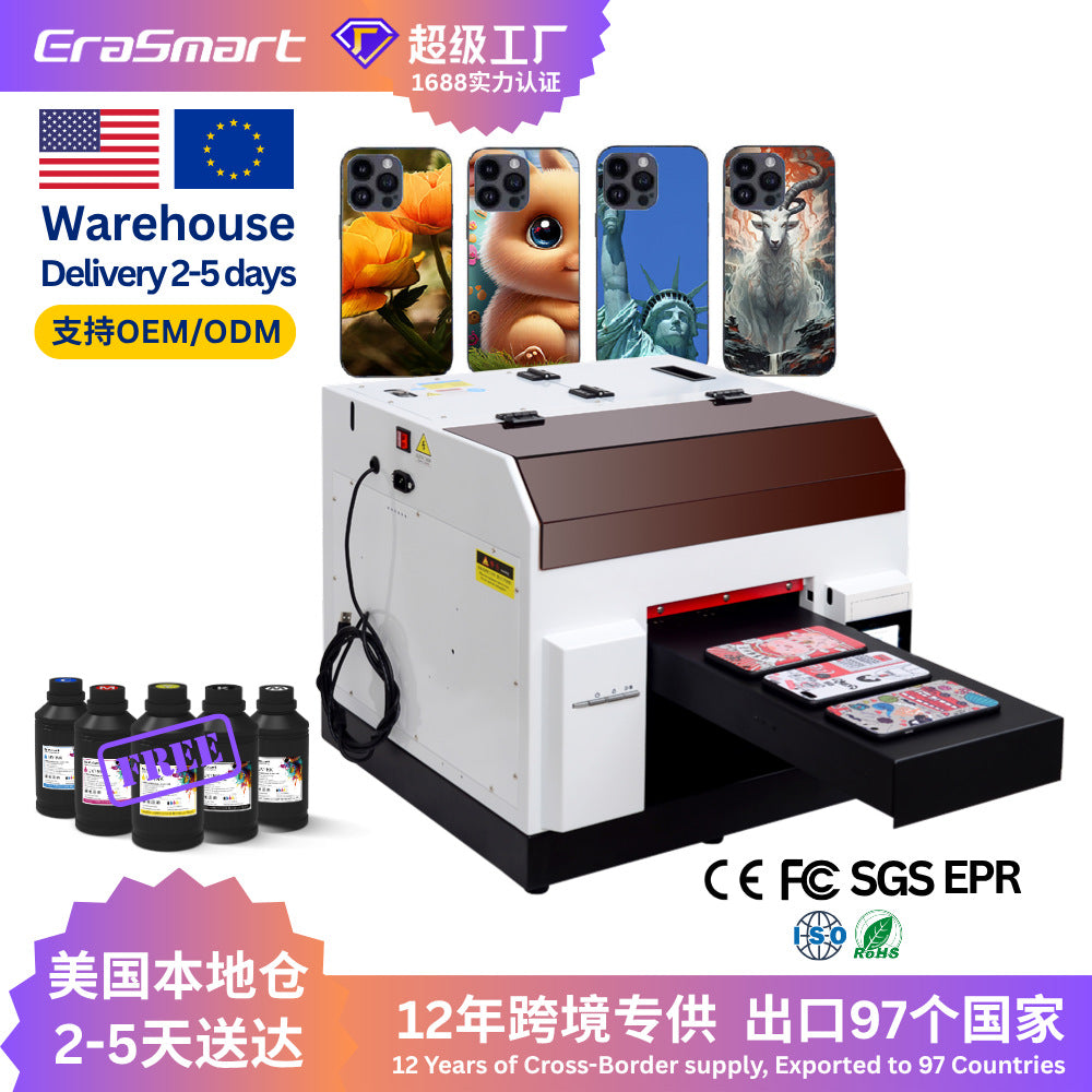 Erasmart Small A4UV Printer Mobile Phone Case Acrylic Wine Bottle Box Nameplate Plastic Flatbed Printing Machine
