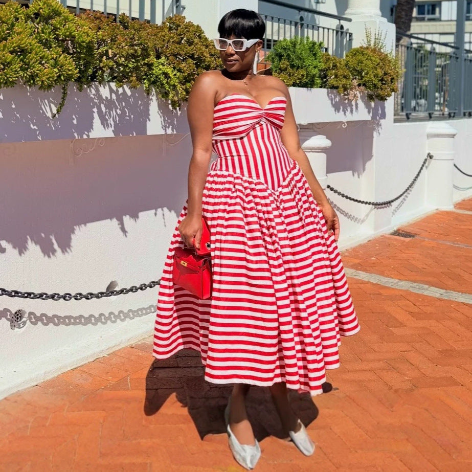 European and american cross-border women's fashion  summer new sexy elegant bandeau striped high-waisted midi dress