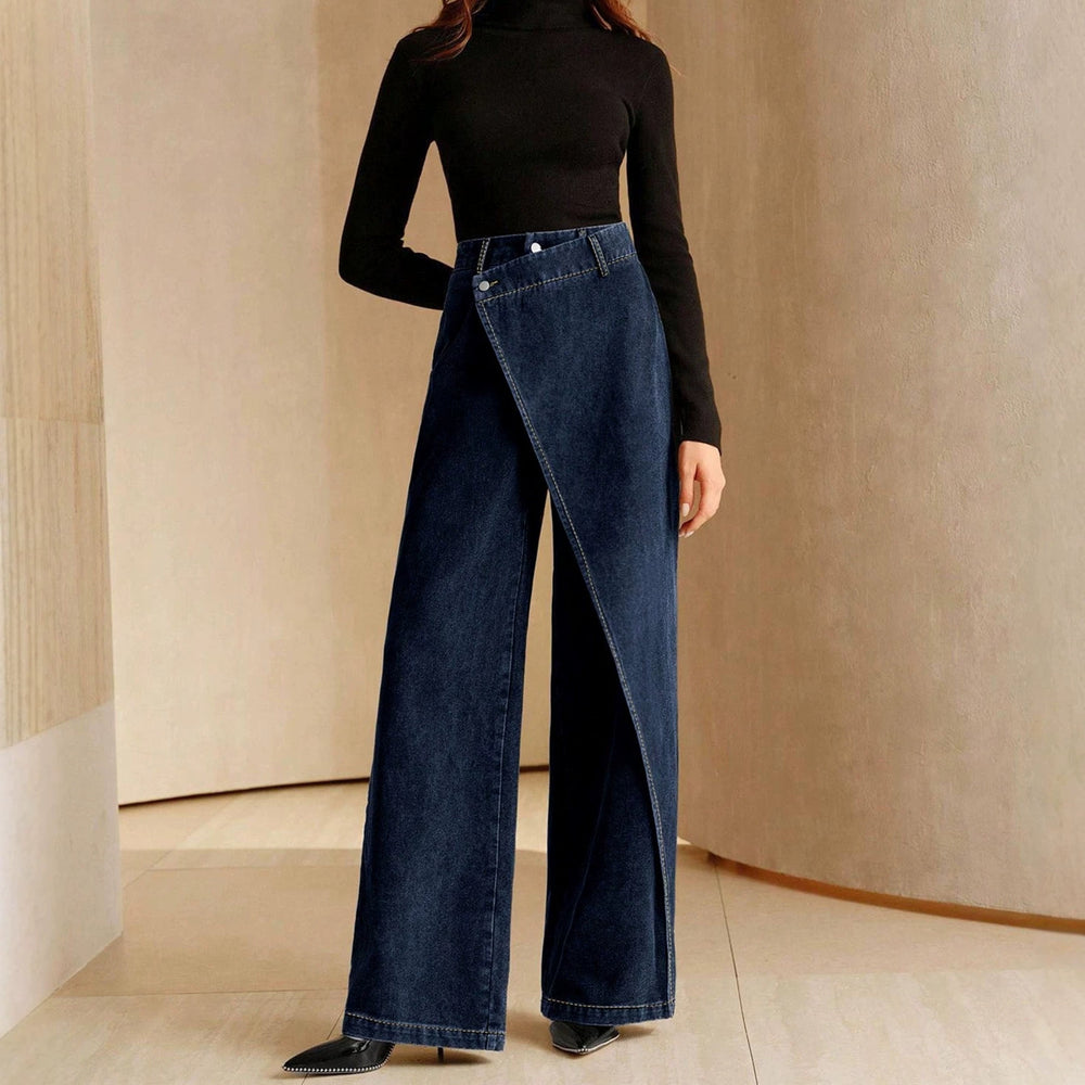 Fashionjeans women's diagonal buckle wrap wide-leg pants high waistdrapedloosestraight-leg denim pants work clothing women's clothing