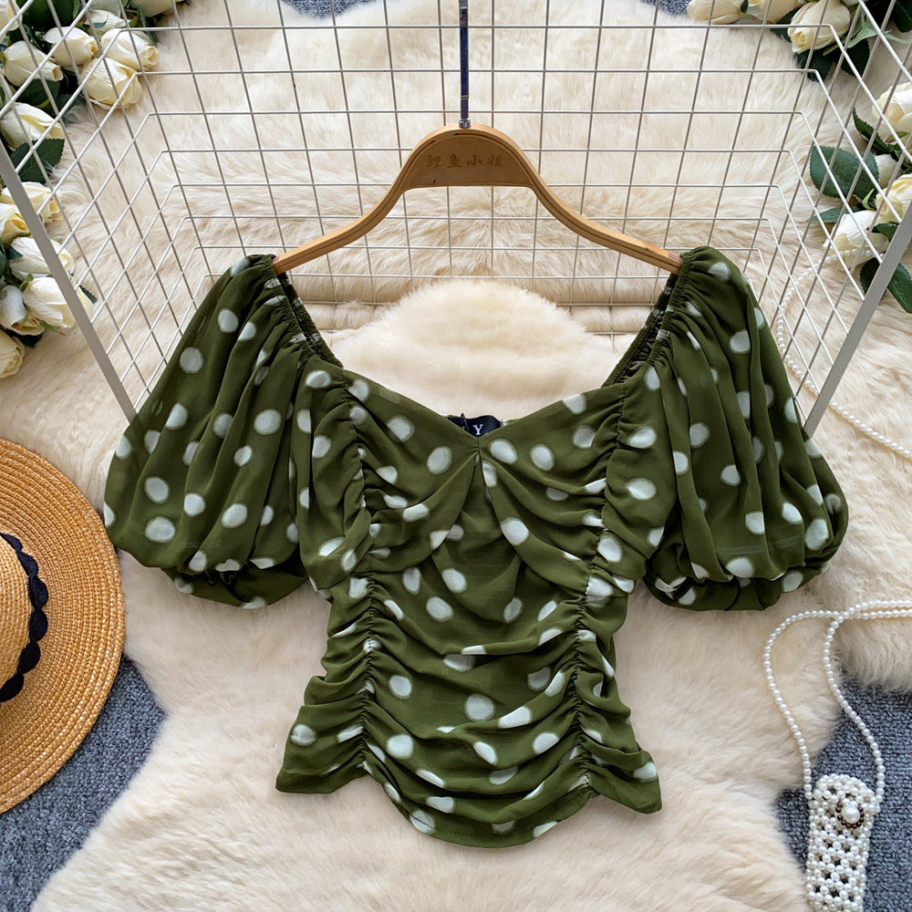 Korean style polka dot puff sleeve chiffon blouse - women's summer design, breathable, skin-friendly, ruched cropped top, commute chic