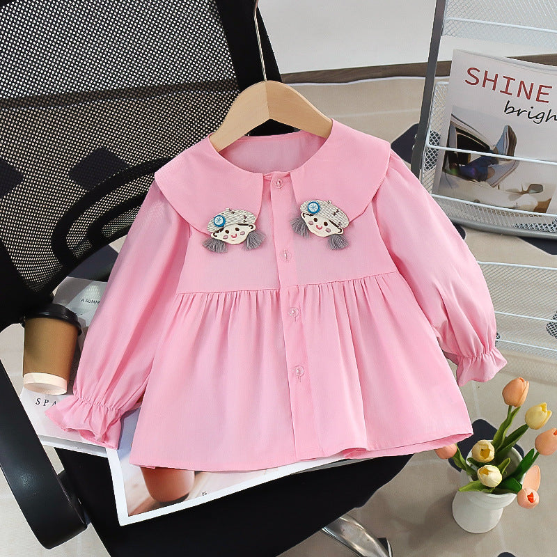 Girls' spring long-sleeve new style fashionable children's clothes baby doll shirt trendy kids' wear turn-down collar for girls