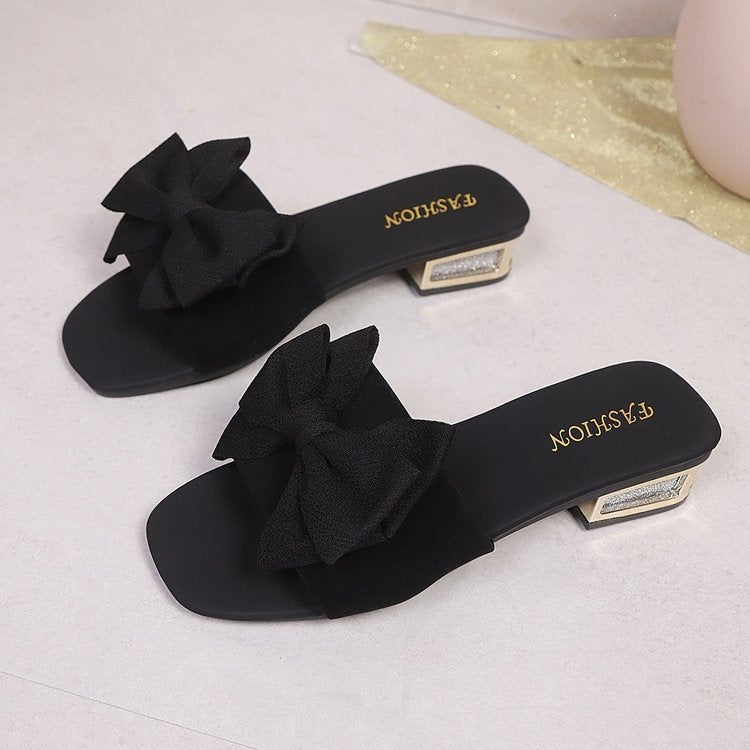 Women's summer sandals 2026: new korean style chunky heel peep-toe slides with bow detail - perfect for outdoor wear