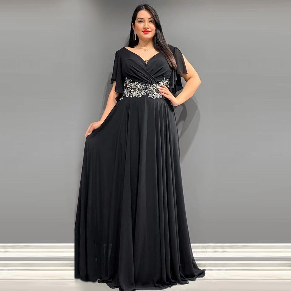 Fashion cross-border independent plus size women's pure color v-neck long skirt dress banquet large swing dress evening dress elegance