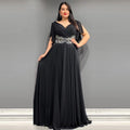 Fashion cross-border independent plus size women's pure color v-neck long skirt dress banquet large swing dress evening dress elegance