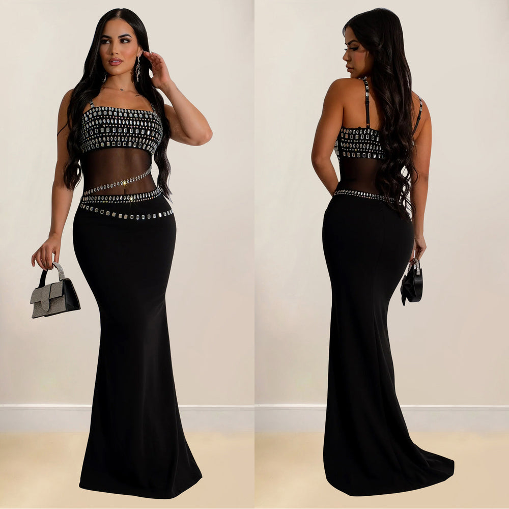 C6989 cross-border   independent station fashionable women's hot diamond mesh dress long skirt new