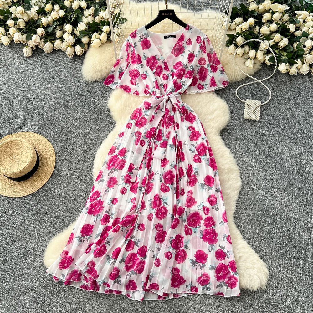 summer new arrival: women's high-end tie-waist v-neck flared sleeve slimming printed chiffon dress