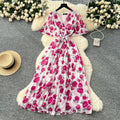 summer new arrival: women's high-end tie-waist v-neck flared sleeve slimming printed chiffon dress