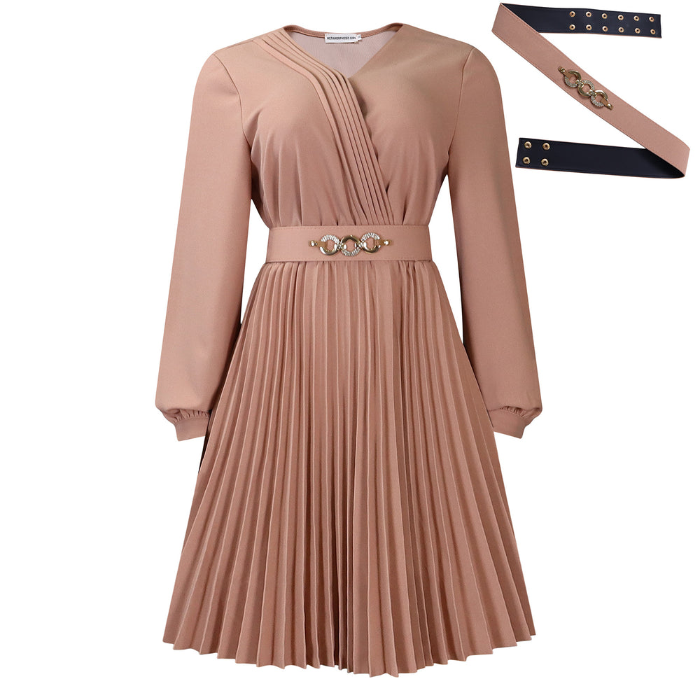 D497 european and american cross-border new independent station v neck fashion elegant elegancepure color pleated plus size african dress