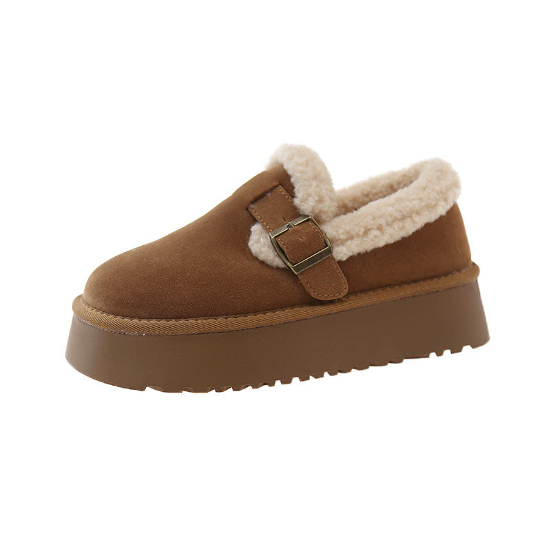 Women's winter fleece-lined snow boots, 2025 winter new collection, chunky sole round toe versatile loafers, slip-on warm cotton shoes