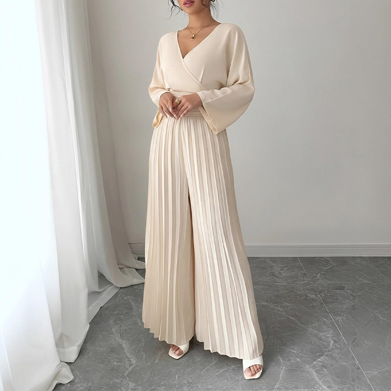 summer new women's clothing: european and american cross-border fashion, elegant solid color cinched waist pleated wide-leg jumpsuit