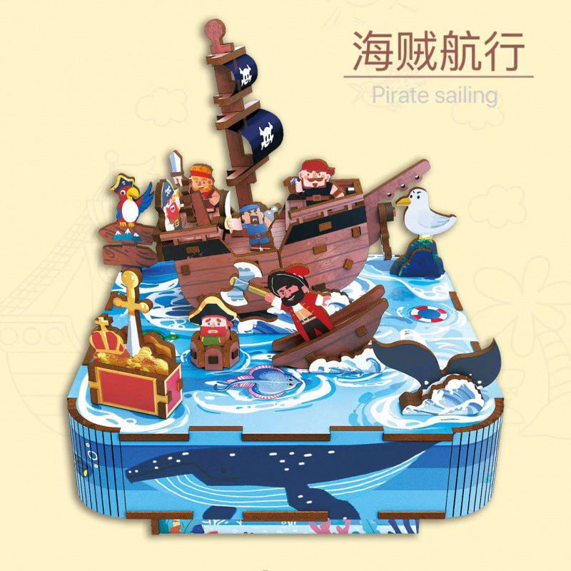 Cross-border export wooden splicing linkage scene educational toy fun smooth wood boy girl wooden music box