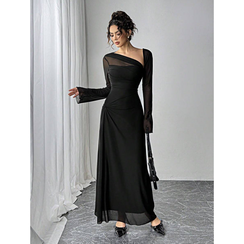 fashionautum mesh patchworklong sleeveselegance asymmetrical pleated silma-linedress women