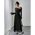 fashionautum mesh patchworklong sleeveselegance asymmetrical pleated silma-linedress women