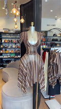 European and american cross-border women's fashion  summer new sexy elegant v-neck striped print top and midi skirt set