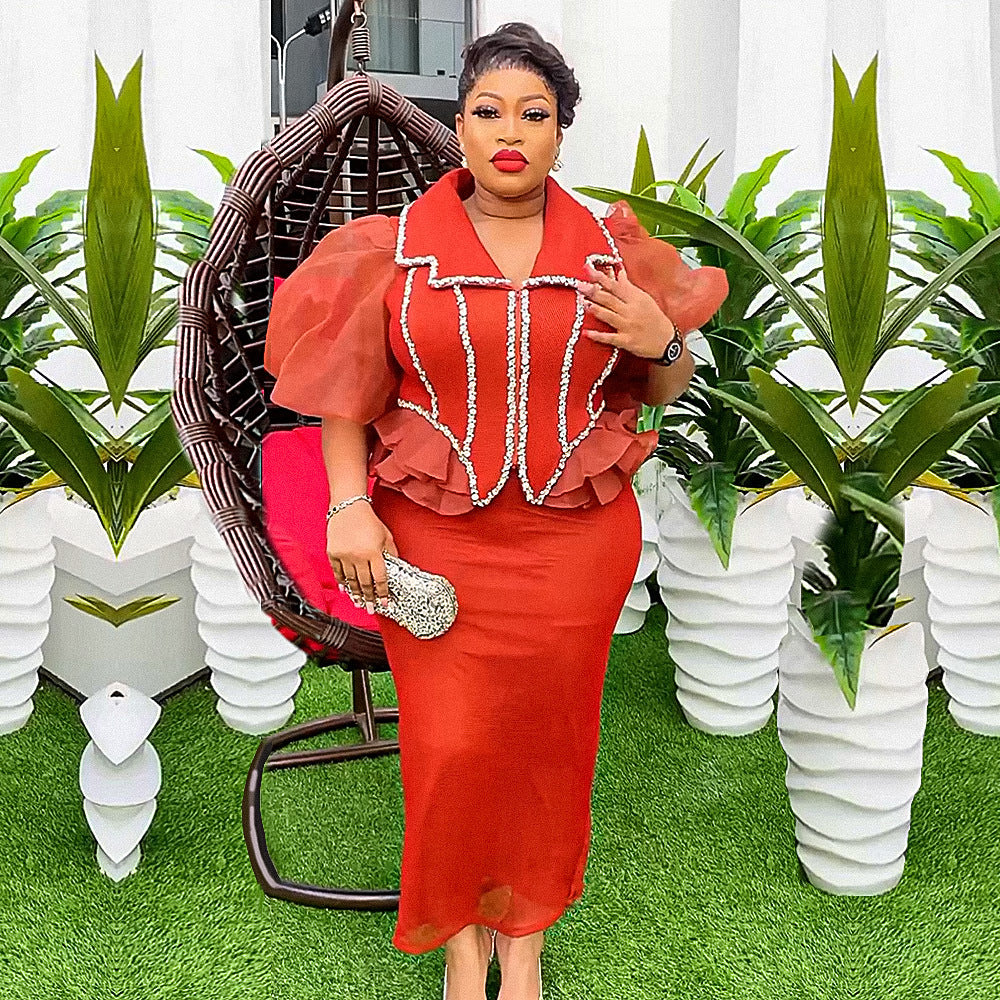 African plus size women's skirt suit cross-border export  new rhinestone patchwork two-piece dress