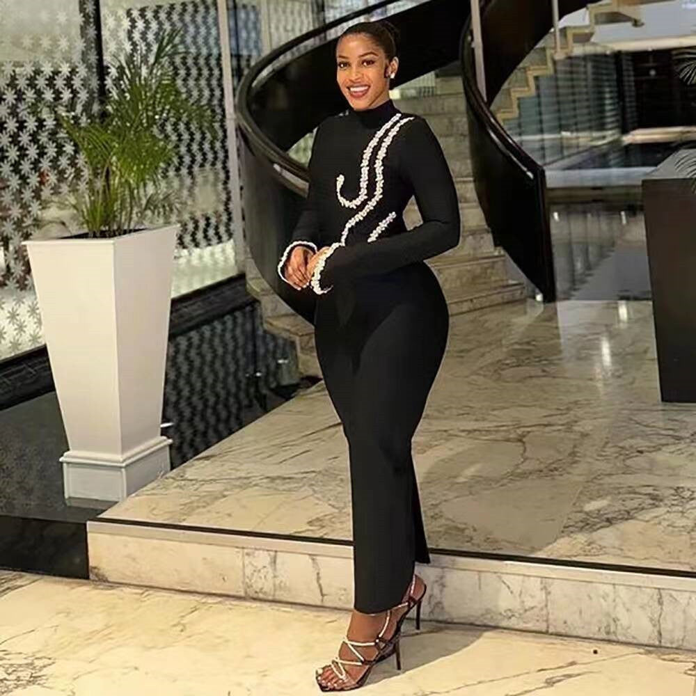 Cross-border European and American style new solid color autumn and winter semi-turtleneck hot diamond long-sleeved temperament slim-fitting hip-wrapped dress women's clothing