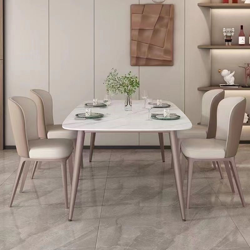 Italian style living room dining table and chair set - minimalist modern rock slab table, bench table, small apartment home rectangular table and chairs