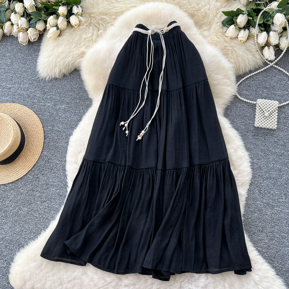 K-stylecasualhigh waisteasiest for match skirt for women summer gentle wind strap waist slimming look elegant large swing skirt