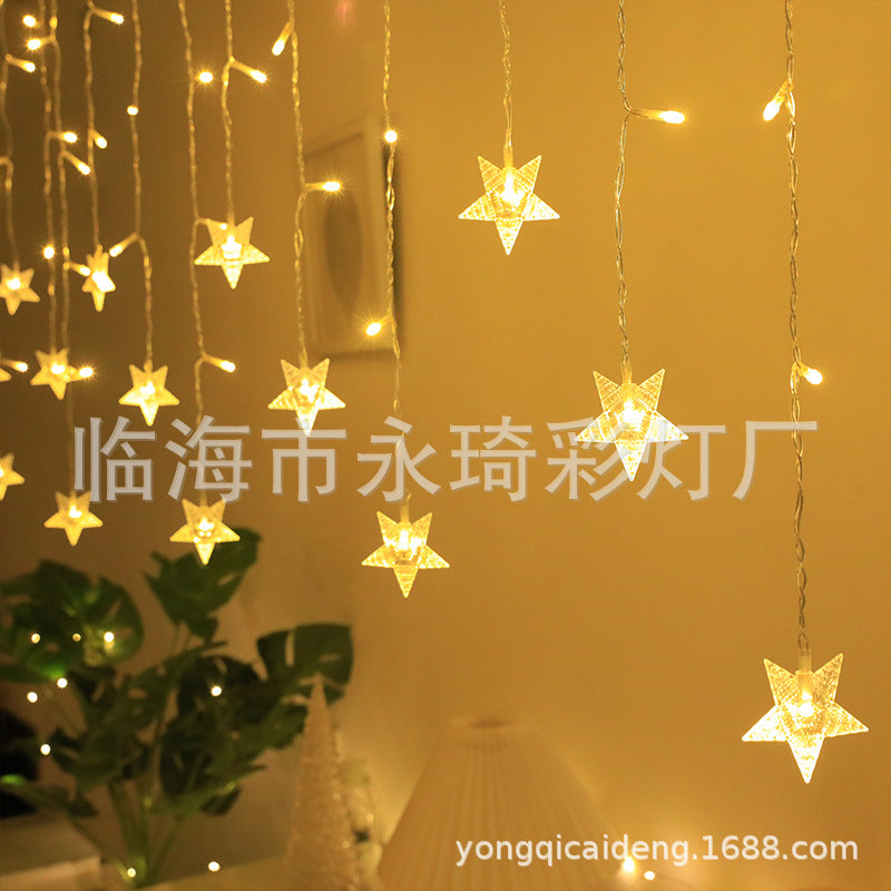 Cross-border new LED star curtain lights, ice bar lights, light strings, moon pendant, five-pointed star flashing lights, colorful lights