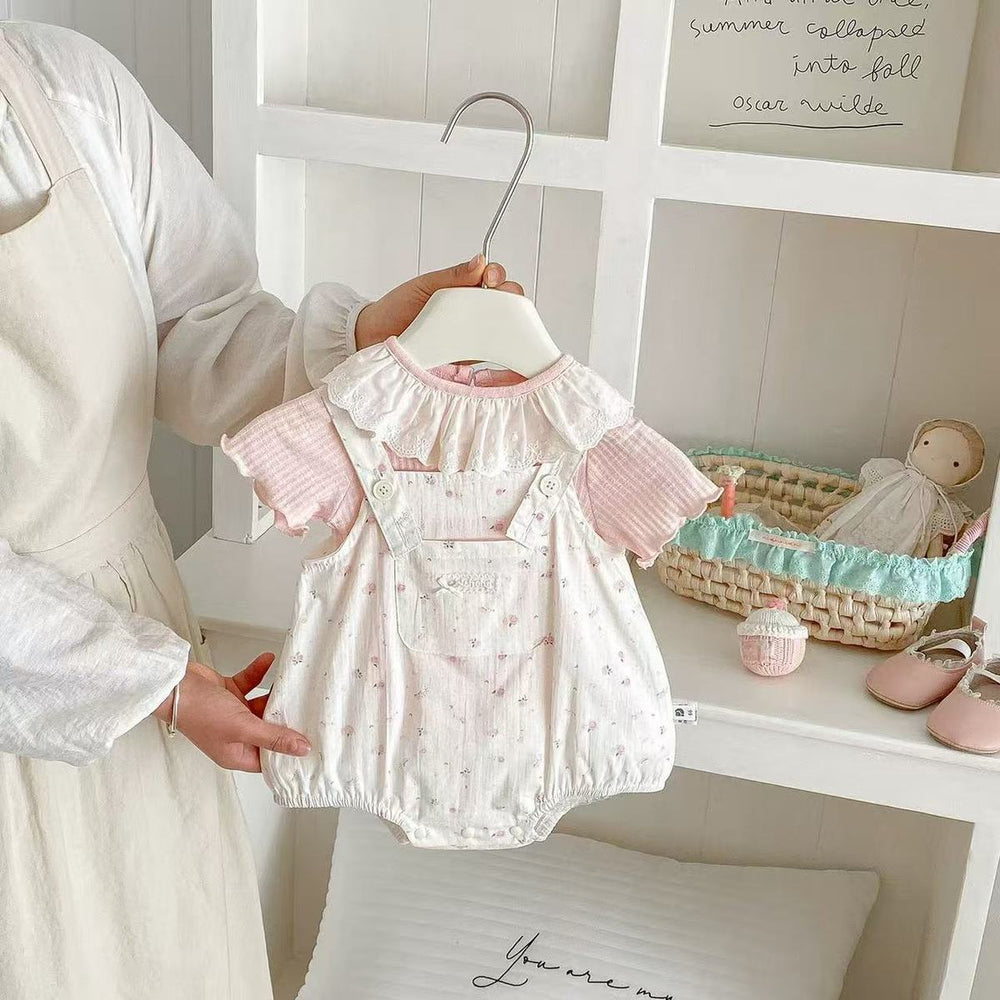 Summernew arrivalgirl short-sleeved baby suitsweet bag butt two-piece setk-style floral strap bag butt skirt suit