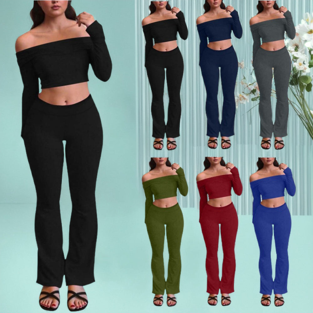 women's cross-border fashion casual slim-fit off-the-shoulder long sleeve top and elastic waist long pants tracksuit set
