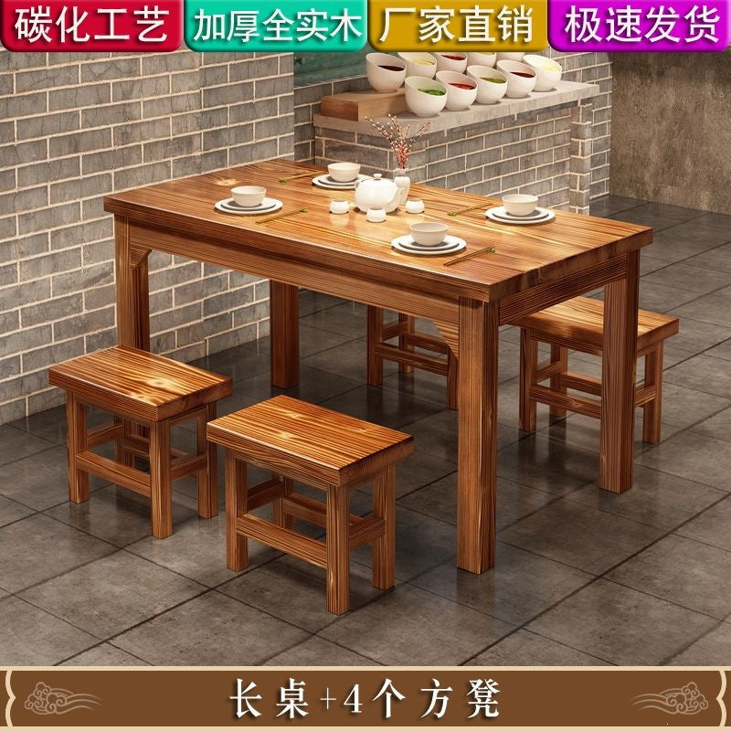 Solid wood dining table snack bar table and chair combination noodle shop hot pot restaurant canteen carbonized fast food firewood dining table