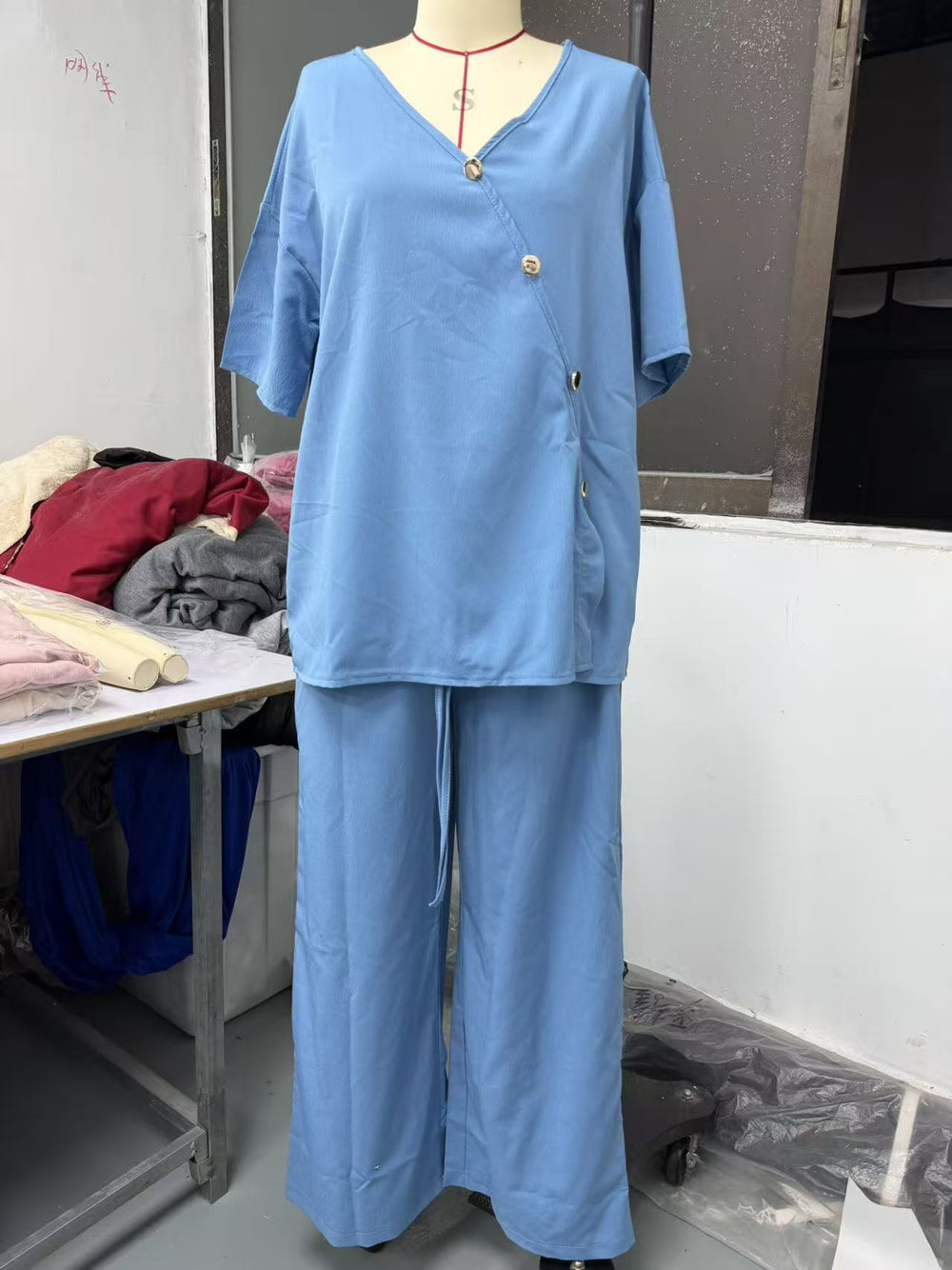 european and american cross-border women's fashion casual solid color v-neck loose short sleeve top and drawstring pants two-piece set