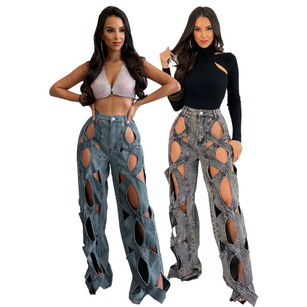 HR23112 European and American women's clothing, elastic denim fabric, personalized twist hollow, loose large straight jeans