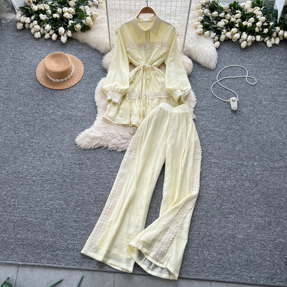 Frenchretro young ladysuit women's summer lantern sleeve shirt + elastic waist slimming look wide leg drapedpants