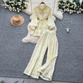 Frenchretro young ladysuit women's summer lantern sleeve shirt + elastic waist slimming look wide leg drapedpants