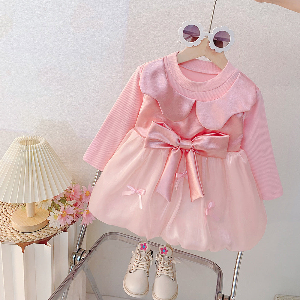Girls' dress -  autumn korean style, trendy & chic, toddler & little girl, cute & fashionable, bowknot mesh party dress