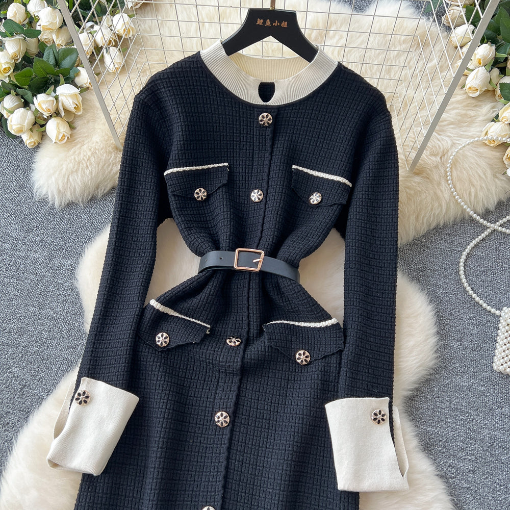 Fall and winter tweed stylelong sleeveselegantdress socialiteelegance metal button decoration waist slit knitting long skirt