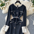 Fall and winter tweed stylelong sleeveselegantdress socialiteelegance metal button decoration waist slit knitting long skirt