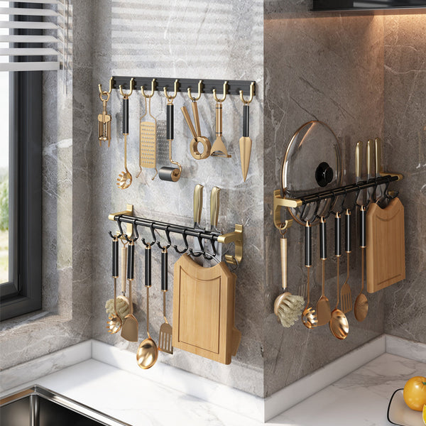 Light Luxury Black Gold Kitchenware Hook Shelf No Punching Spatula Hanger Space Aluminum Knife Holder Wall Hanging Kitchen Pendant