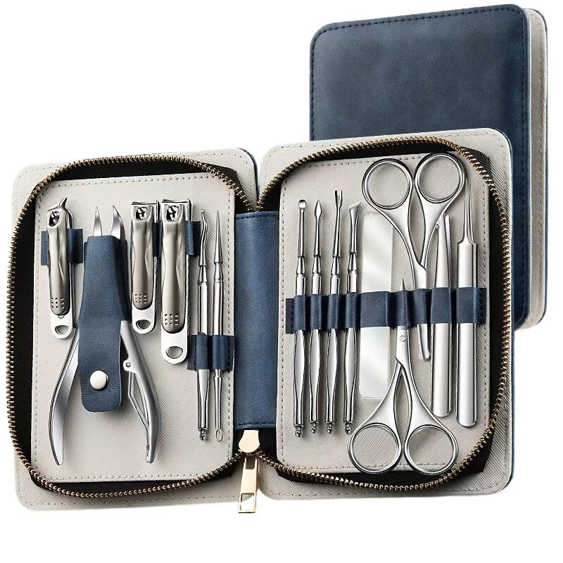 Stainless steel zipper pouch nail clipper set - 15 piece manicure & pedicure kit with nail clippers, cuticle nippers, and eyebrow scissors