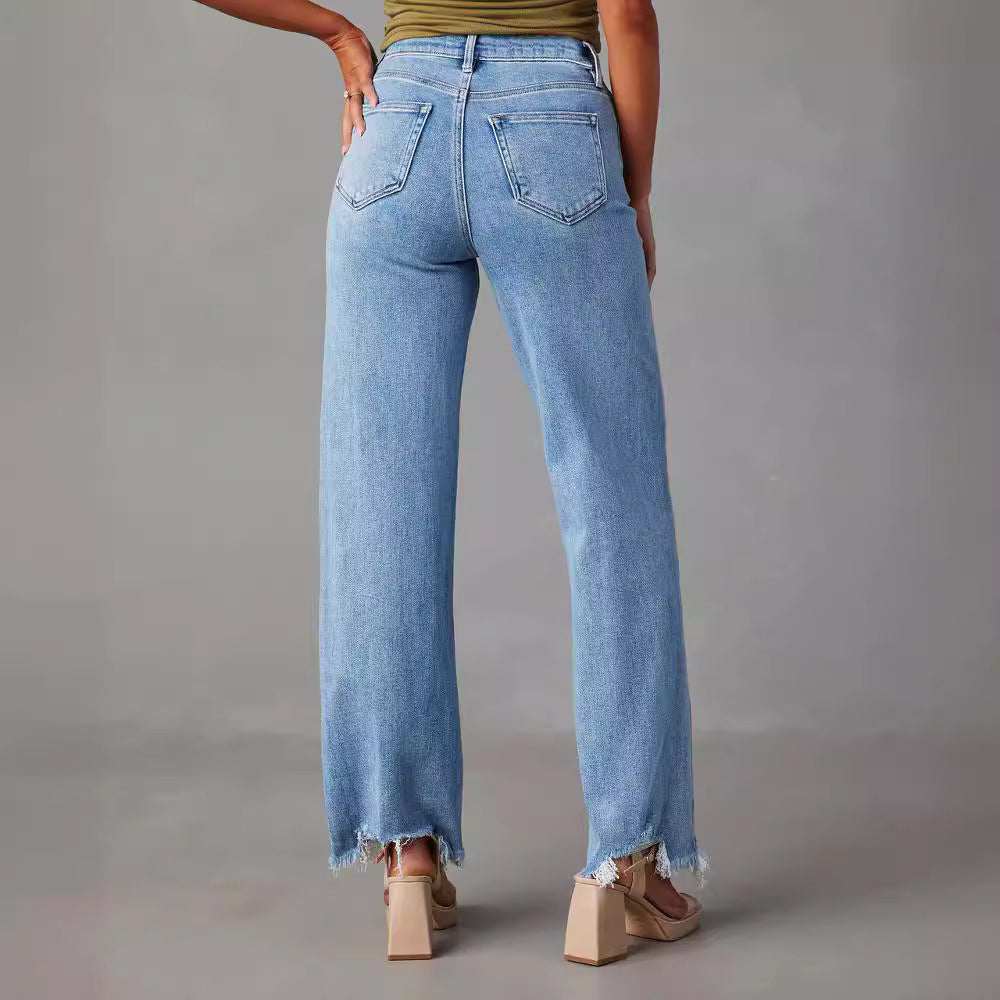 European and american distressed jeans for women - new  style loose wide leg streetwear washed denim pants