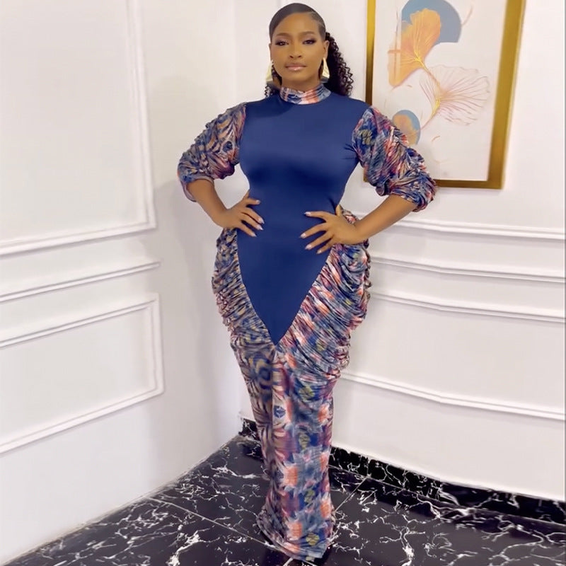 European and American  women's clothing 2025 autumn new fashionable and elegant turtleneck lantern sleeve slim-fit hip-wrapped printed dress