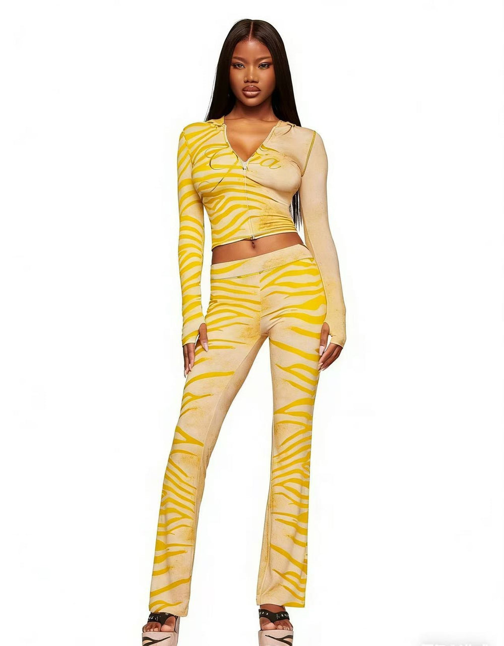 European and american animal print digital print hooded color block stretch outerwear top and pants set - influencer style