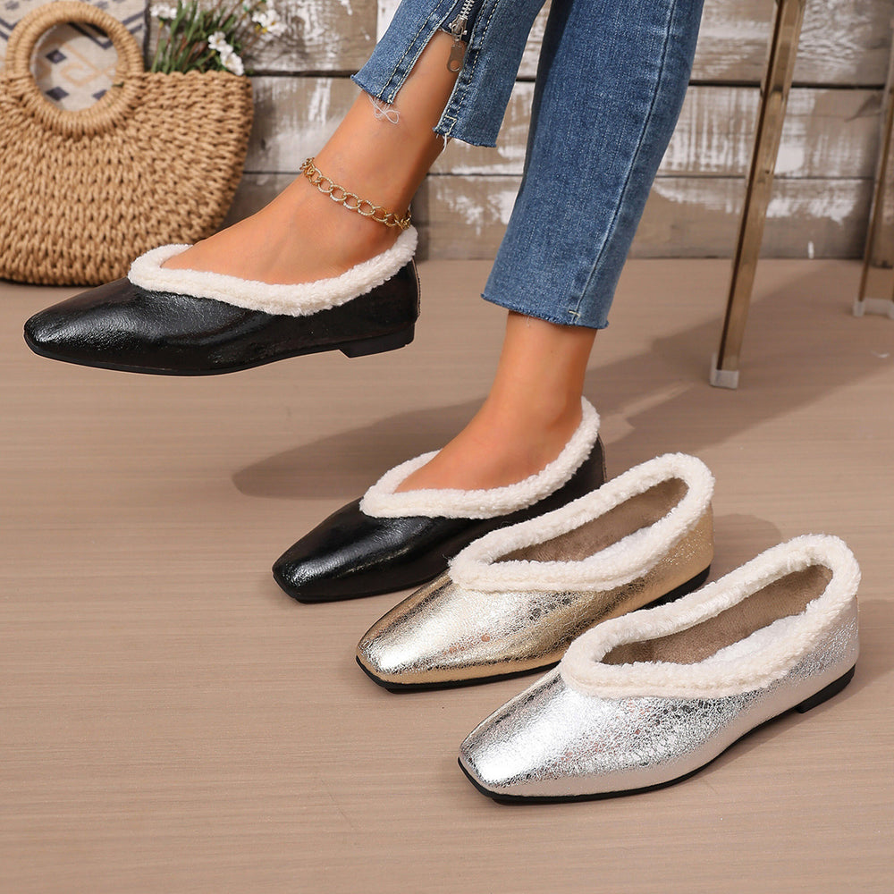 Export square toe fleece-linedthickenedheattech cotton shoes for women winternew arrivalplus size cross-border flatsflatsflats shoes