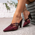 Women's burgundy high heels - party fashion, unique heel shape, pointed toe, decorative rhinestone buckle, high heel sandals, women's shoes