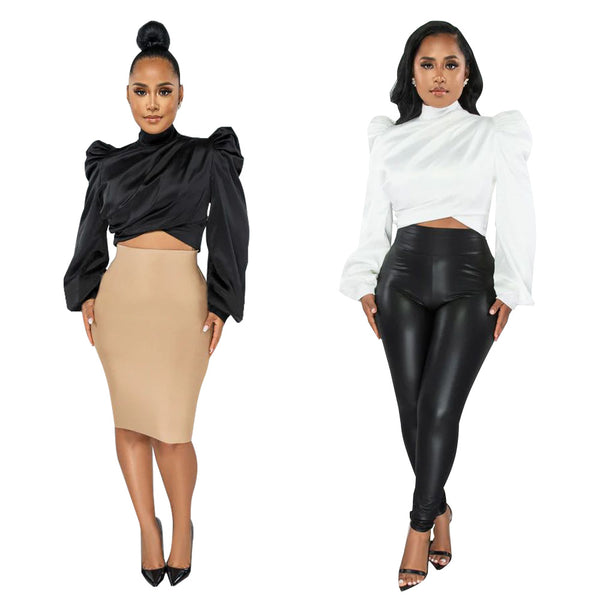 K10304 European and American  fashion women's clothing  autumn spot bubble sleeves turtleneck short imitation silk top